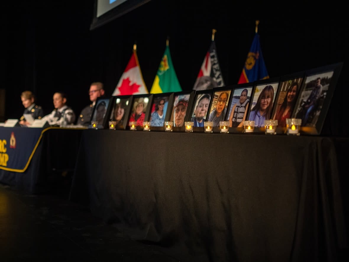The RCMP Major Crimes Unit presents a preliminary timeline in Melfort, Sask., of last year's mass stabbing on James Smith Cree Nation. In the early morning hours of Sept. 4, 2022, 11 people were killed and 17 others were injured. (Liam Richards/The Canadian Press - image credit)
