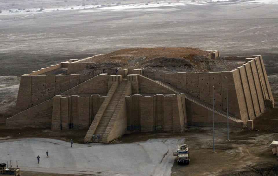 FILE - In this photo taken Feb. 4, 2010, a general view of the ziggurat in the ancient city of Ur, near Nasiriyah, about 200 miles (320 kilometers) is shown southeast of Baghdad, Iraq. Pope Francis is pushing ahead with the first papal trip to Iraq despite rising coronavirus infections, hoping to encourage the country’s dwindling number of Christians who were violently persecuted during the Islamic State insurgency while seeking to boost ties with the Shiite Muslim world.. (AP Photo/Maya Alleruzzo)