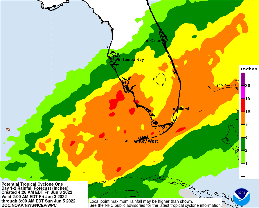 A NOAA graphic shows Indian River, St. Lucie and Martin counties over the weekend stand to see anywhere from six to 10 inches of rainfall from an potential tropical storm approaching from the Gulf of Mexico on June 3, 2022.