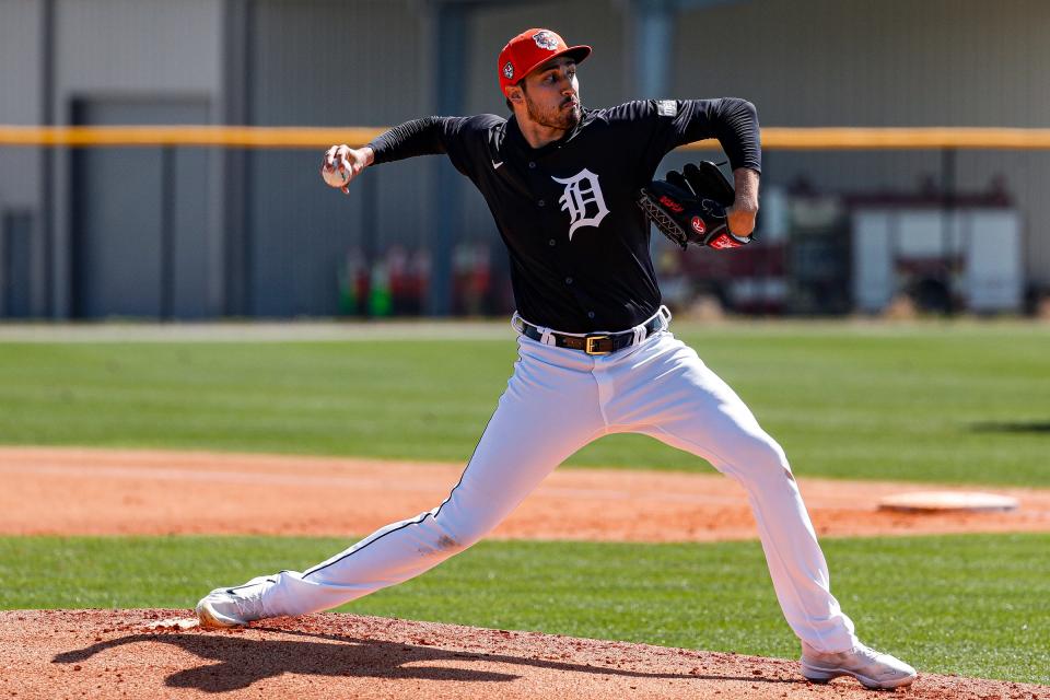 Detroit Tigers pitcher Alex Faedo throws during spring training at TigerTown in Lakeland, Fla. on Wednesday, Feb. 21, 2024.