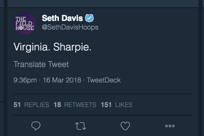 Seth Davis tweeted “Virginia. Sharpie.” less than two minutes into the game. (Twitter)