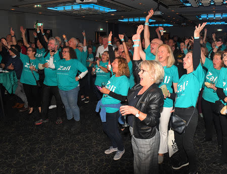 Independent candidate for Warringah Zali Steggall's supporters celebrate as they hear positive results at her reception at Manly Pacific Novotel on Election Day in Sydney, Australia, May 18, 2019. AAP Image/Dylan Coker/via REUTERS