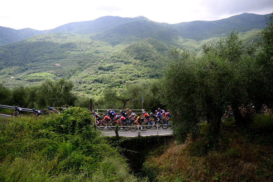 ALASSIO ITALY  JULY 06 A general view of the peloton competing during the 34th Giro dItalia Donne 2023 Stage 7 a 1091km stage from Albenga to Alassio  Santuario della Guardia 551m  UCIWWT  on July 06 2023 in Alassio Italy Photo by Dario BelingheriGetty Images