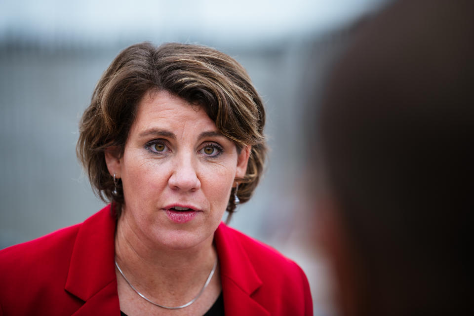 Democratic U.S. Senate candidate Amy McGrath speaks during an Early Vote rally at Lynn Family Stadium on October 27, 2020 in Louisville, Kentucky. (Jon Cherry/Getty Images)