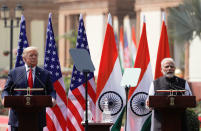 U.S. President Donald Trump and Indian Prime Minister Narendra Modi make joint statements after bilateral talks at Hyderabad House in New Delhi, India, February 25, 2020. REUTERS/Al Drago