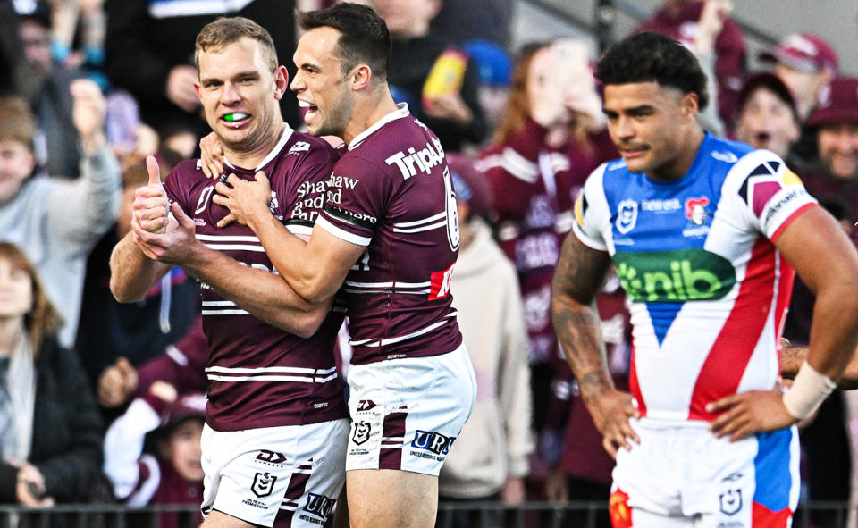 Tom Trbojevic, pictured here after scoring a try in Manly's win over Newcastle.