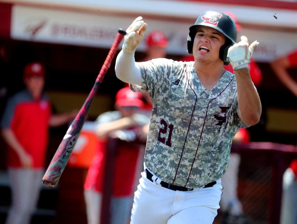 Eagleville's Trent Young (21) reacts to getting walked during the TSSAA 2022 Division 1 Class 1A State Baseball Championship game against McKenzie, on Sunday, May 29, 2022, at Riverdale.