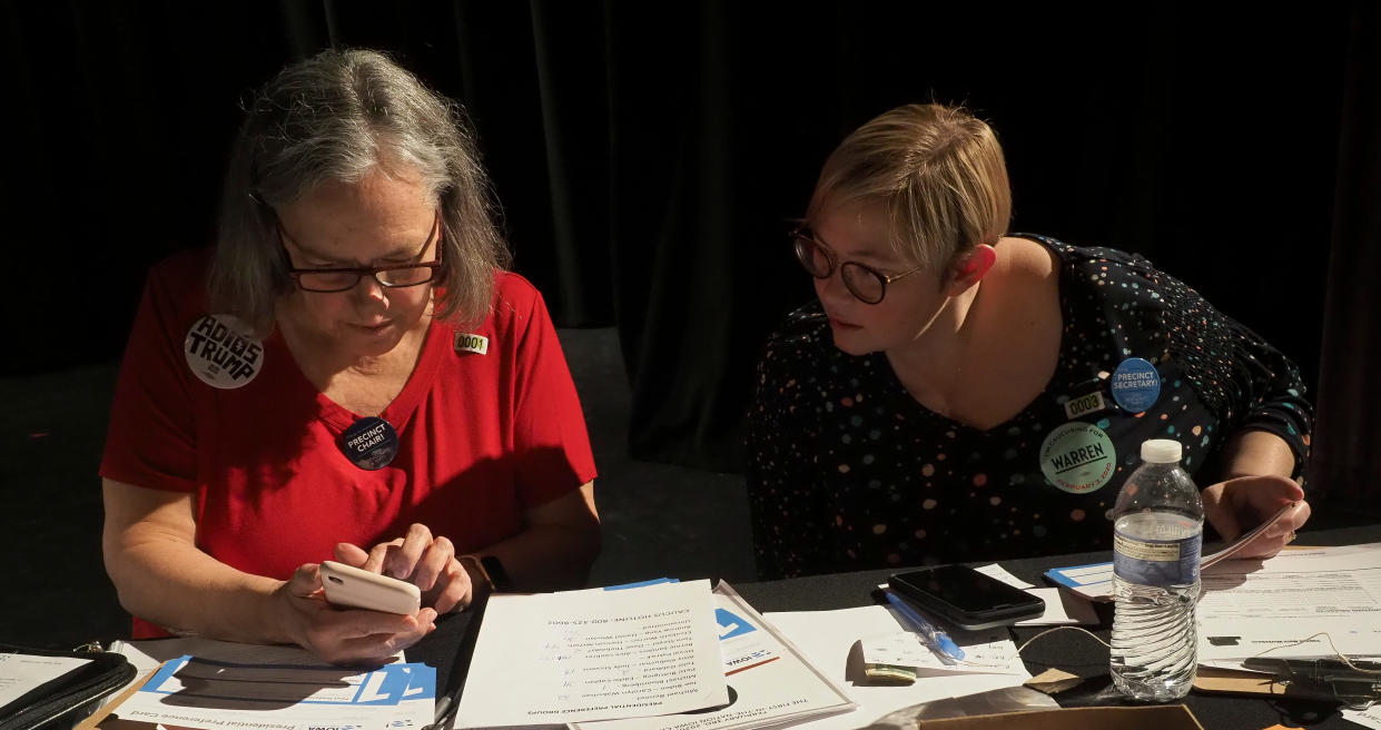 Fairfield, Iowa, Precinct 4 caucus chair Sallee Haerr and caucus secretary Christi Welsh