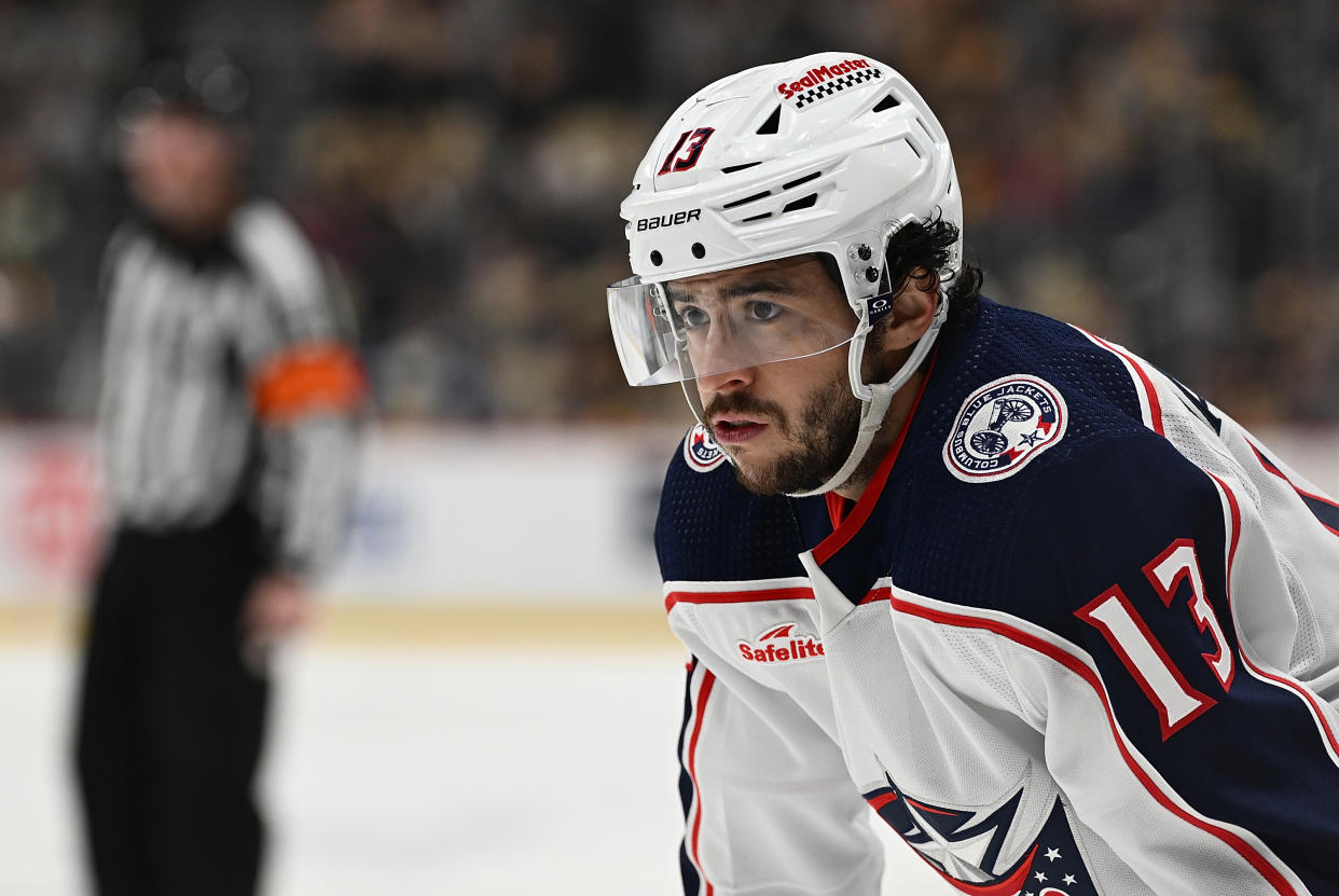 PITTSBURGH, PENNSYLVANIA - MARCH 28: Johnny Gaudreau #13 of the Columbus Blue Jackets looks on in the second period during the game against the Pittsburgh Penguins at PPG PAINTS Arena on March 28, 2024 in Pittsburgh, Pennsylvania. (Photo by Justin Berl/Getty Images)