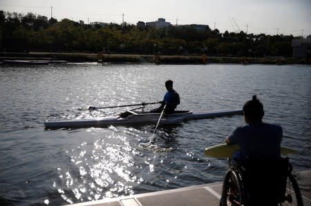 Rower Ha Jae-hun practises at Misari Rowing Stadium in Hanam