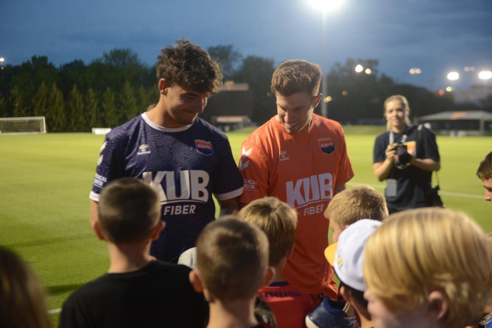 Knox News reporter Keenan Thomas went to his first professional soccer game April 21, when One Knoxville SC fell to South Georgia Tormenta FC. One Knox players Dani Fernandez, left, and goalkeeper Sean Lewis, right, still came out to greet young fans after the game.