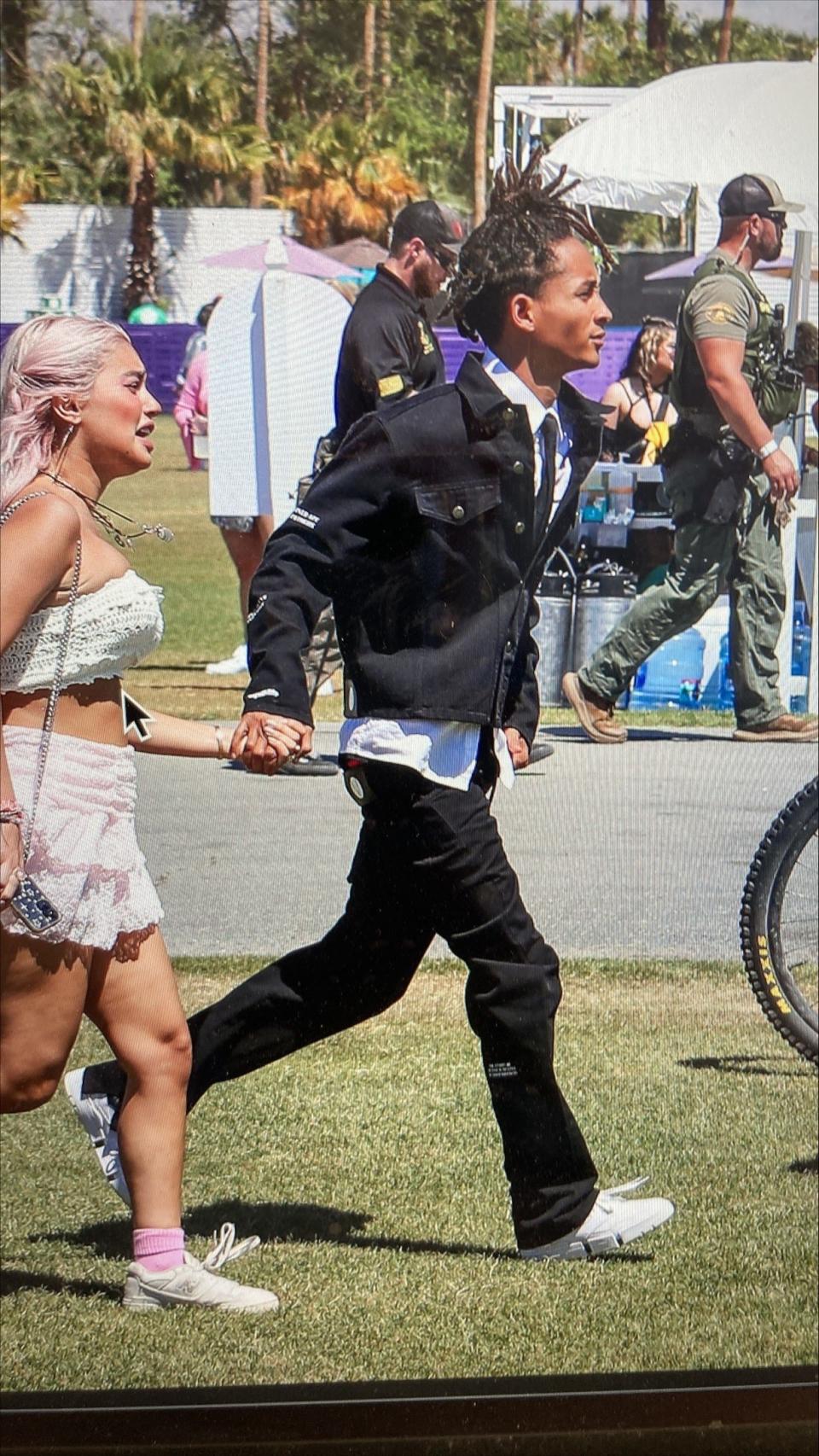 Jaden Smith runs to the Gobi tent to jump onstage with ¿Téo? at the Coachella Valley Music and Arts Festival on Friday, April 21 at the Empire Polo Club in Indio, Calif.