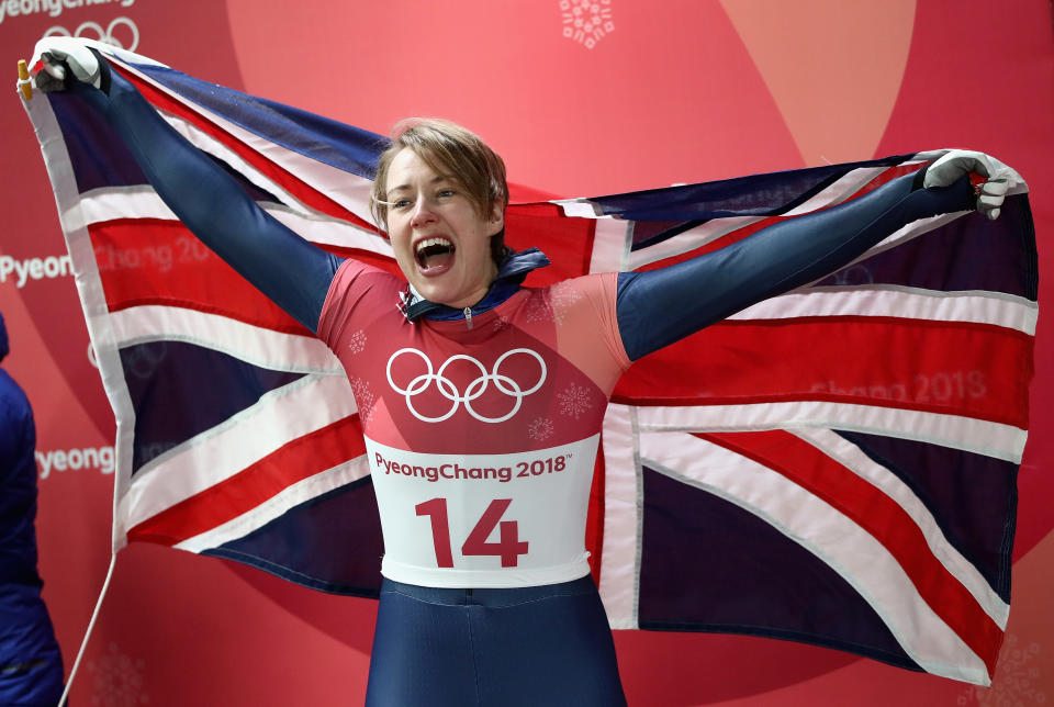 <p>Lizzy Yarnold of Great Britain celebates as she secures the gold medal at the Womens Skeleton on day eight of the PyeongChang 2018 Winter Olympic Games at Olympic Sliding Centre on February 17, 2018 in Pyeongchang-gun, South Korea. (Photo by Clive Mason/Getty Images) </p>