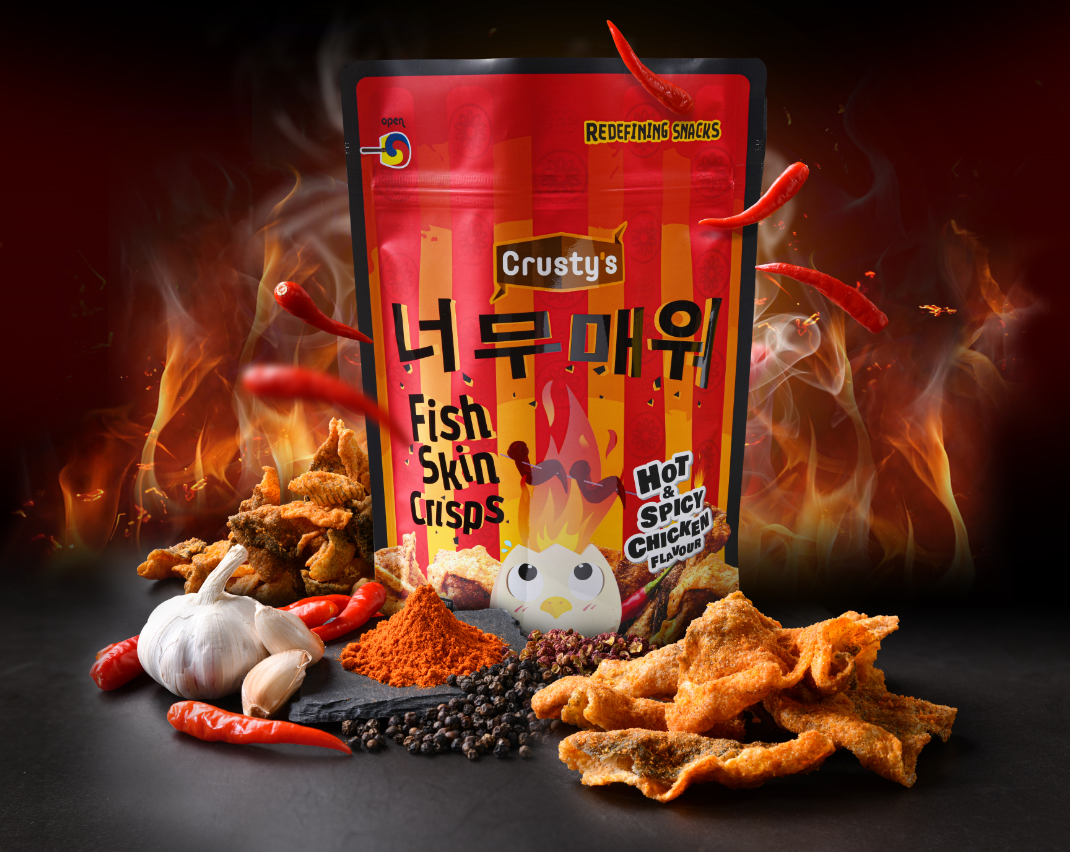 Singapore snack brand Crusty's has turned Samyang’s Hot Chicken Flavour Ramen into a snack form – Hot & Spicy Chicken Flavoured Fish Skin Crisps.