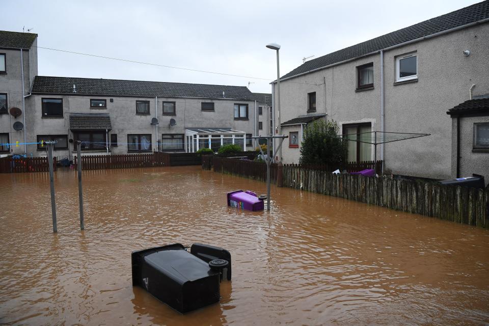 A street is flooded in Brechin, northeast Scotland, on October 20, 2023 as Storm Babet batters the country. (Photo by ANDY BUCHANAN / AFP) (Photo by ANDY BUCHANAN/AFP via Getty Images)