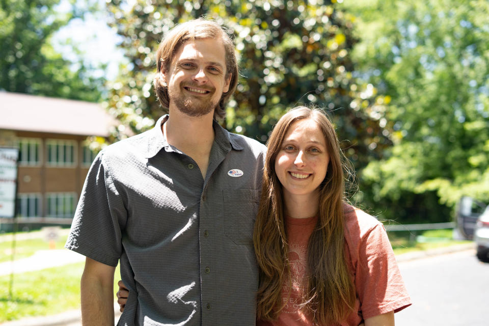 (From left) Alex Willis, 30, and Sierra Cranford, 30, voted at New Hope Presbyterian Church in Arden.