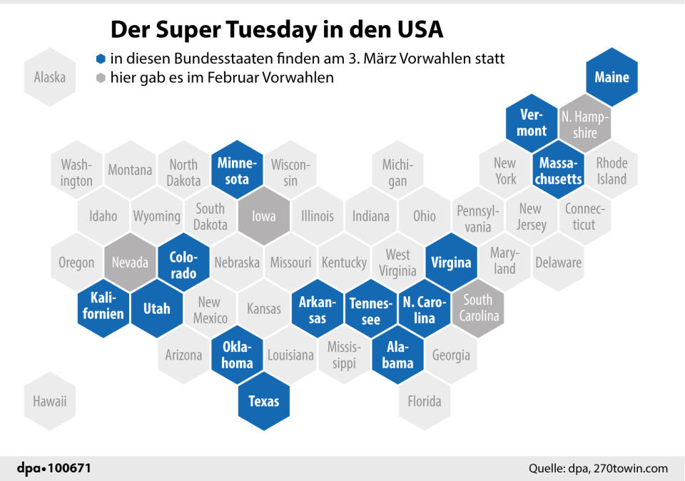 Grafik-Karte Nr. 100671, Querformat 135 x 95 mm, In welchen Bundesstaaten der Super Tuesday stattfindet; Grafik: C. Goldammer; Redaktion: J. Schneider