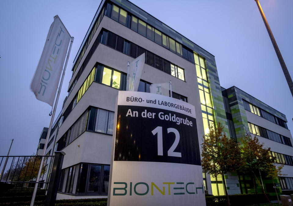 File -- In this Tuesday, Nov.10, 2020 file photo windows are illuminated at the headquarters of the German biotechnology company "BioNTech" in Mainz, Germany. Germany prepares for the vaccination of the German population during the upcoming month. (AP Photo/Michael Probst, file)