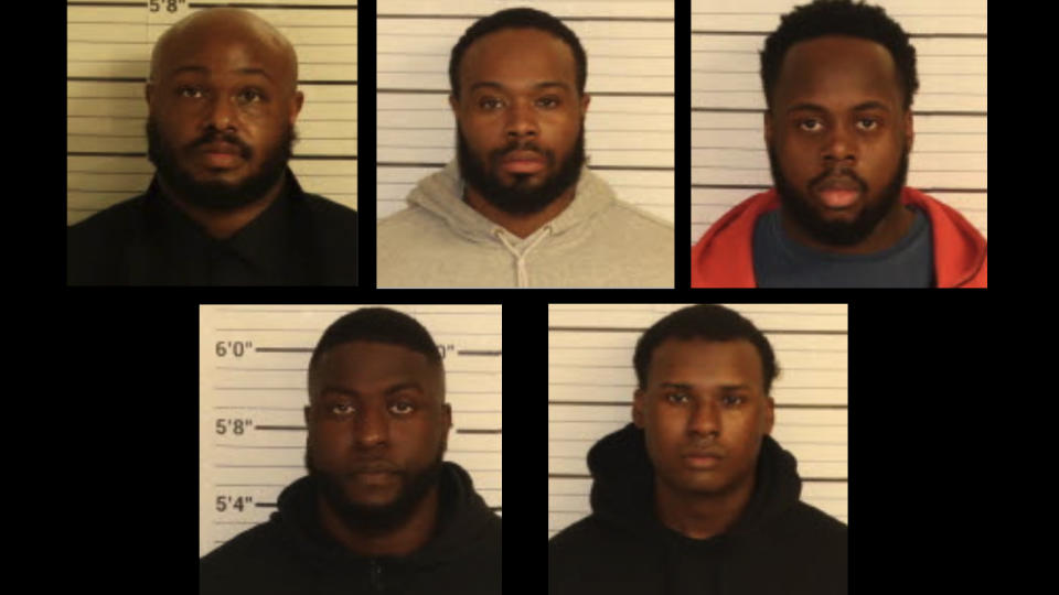 Mug shots of, from left, Desmond Mills Jr., Demetrius Haley, Tadarrius Bean, Emmitt Martin III and Justin Smith.