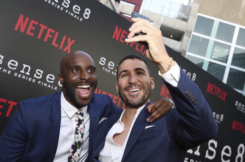 Toby Onwumere and Miguel Angel Silvestre seen at the screening of Netflix Original Series “Sense8” Finale at the ArcLight Hollywood on Thursday, June 7, 2018, in Los Angeles. (Photo by Blair Raughley/Invision for Netflix/AP Images)