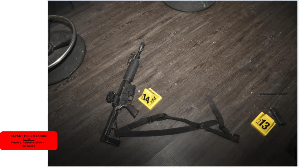 This image provided by state prosecutors shows a weapon on the floor after a deadly Nov. 19-20, 2022 shooting in Club Q in Colorado Springs, Colo. (4th Judicial District Attorney's Office via AP)