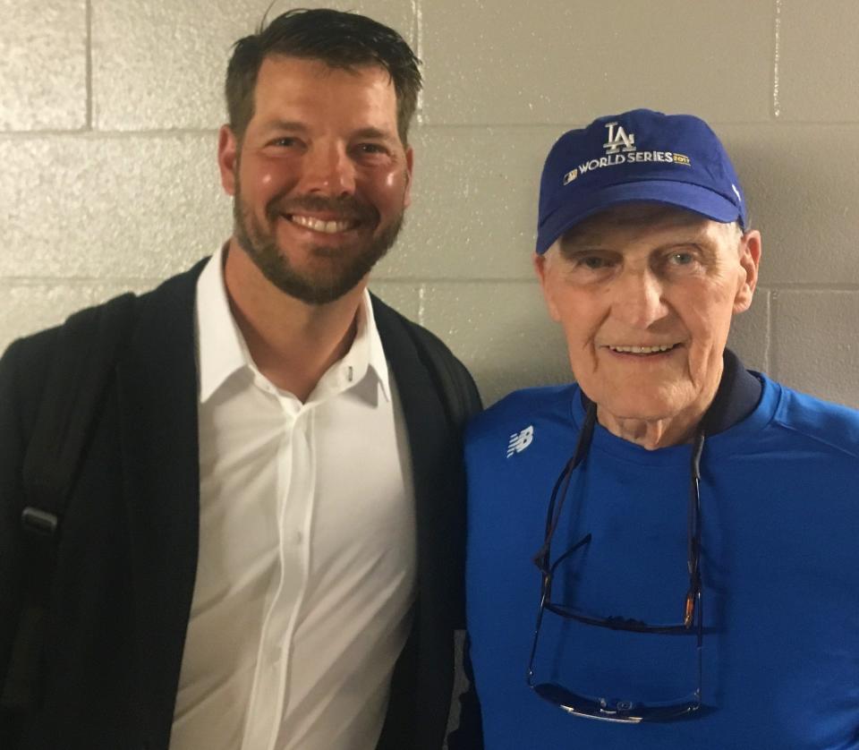 Lloyd Hill Sr. and his youngest son, Red Sox pitcher Rich Hill, after a game at Citi Field Stadium in New York in 2018.