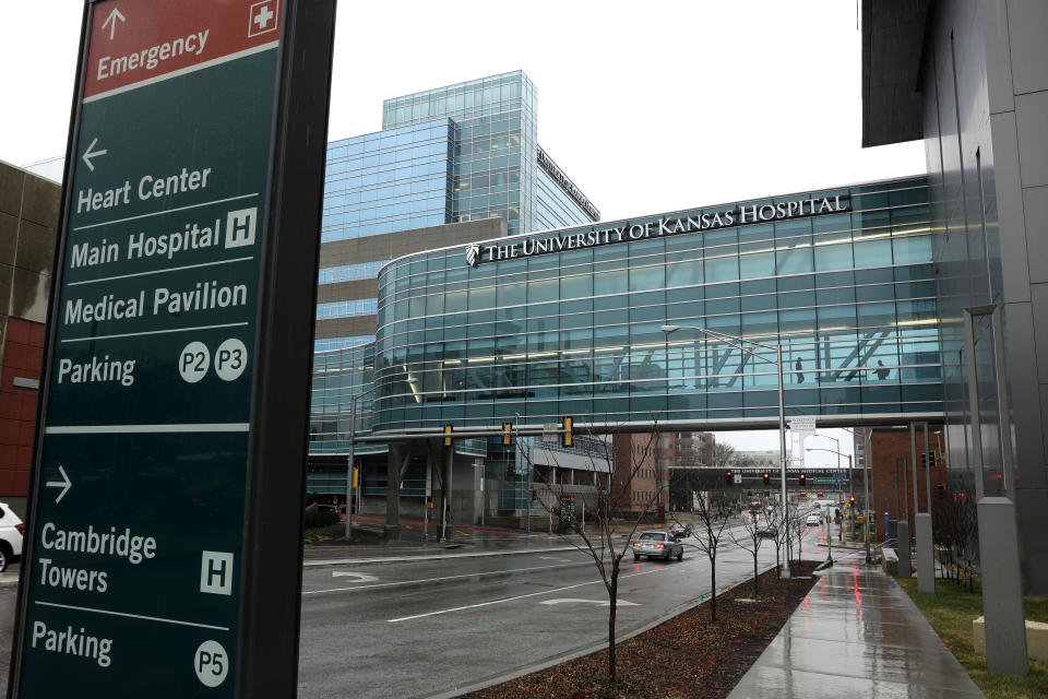 FILE - Buildings at the University of Kansas Hospital are seen on March 9, 2020, in Kansas City, Kan. A first-of-its-kind federal investigation has found that two hospitals, Freeman Health System in Joplin, Mo., and University of Kansas Hospital in Kansas City, put a pregnant woman's life in jeopardy and violated federal law by refusing to provide an emergency abortion when she was experiencing premature labor at 17 weeks. The findings are revealed in documents obtained by The Associated Press. (AP Photo/Charlie Riedel, File)