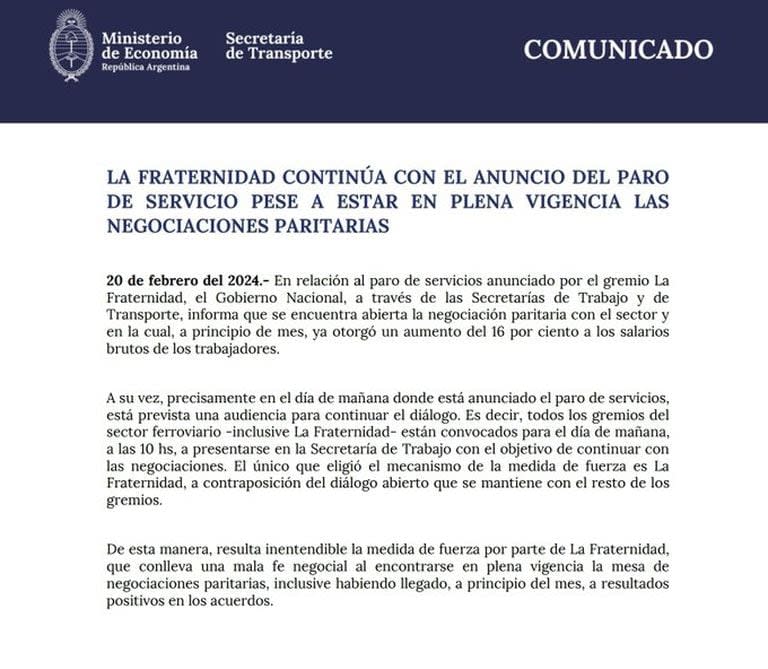 Comunicado de la secretaría de Transporte sobre el paro