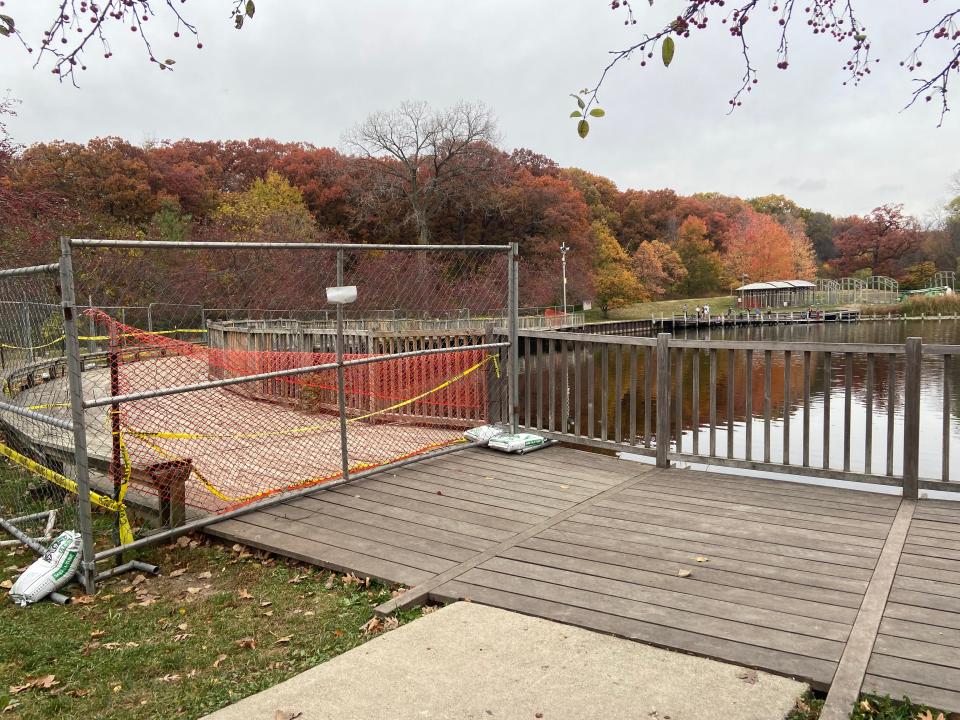 "Greenwood Pond: Double Site" in Greenwood Park is pictured on Oct. 25, 2023. The art installation underwent a structural review in October and will be removed from Greenwood Park, Des Moines, later this year.