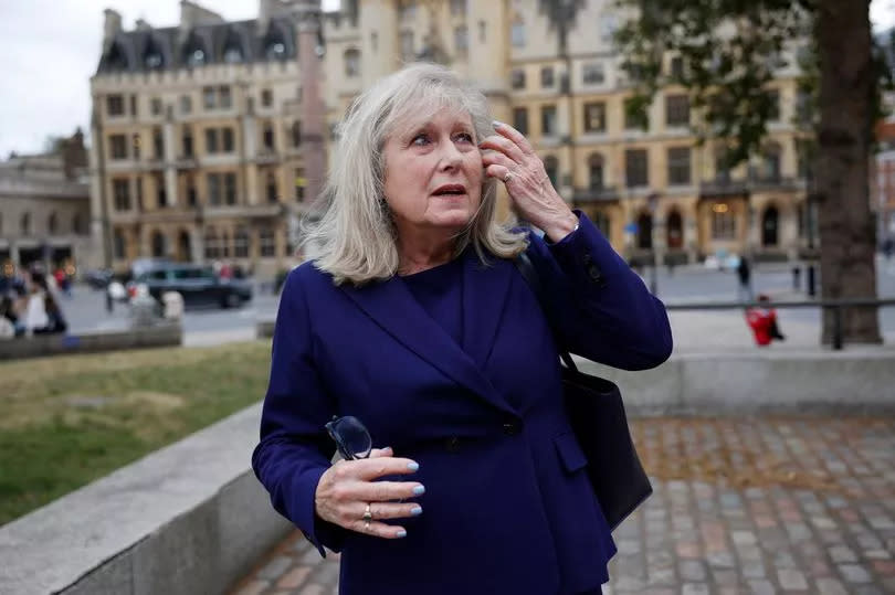 usan Hall poses for photos in Westminster in London