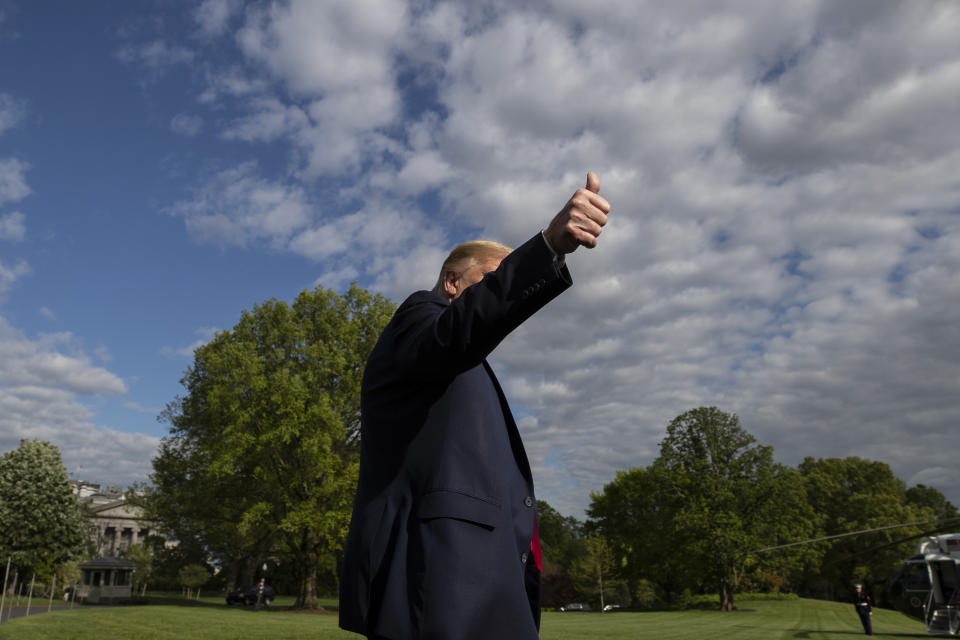 FILE - In this May 1, 2020, file photo President Donald Trump gives thumbs up as he departs the White House in Washington. (AP Photo/Alex Brandon, File)