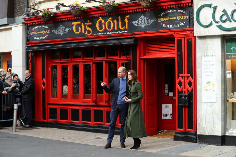 The Duke and Duchess of Cambridge meet local Galwegians after a visit to a traditional Irish pub in Galway city centre on the third day of their visit to the Republic of Ireland.