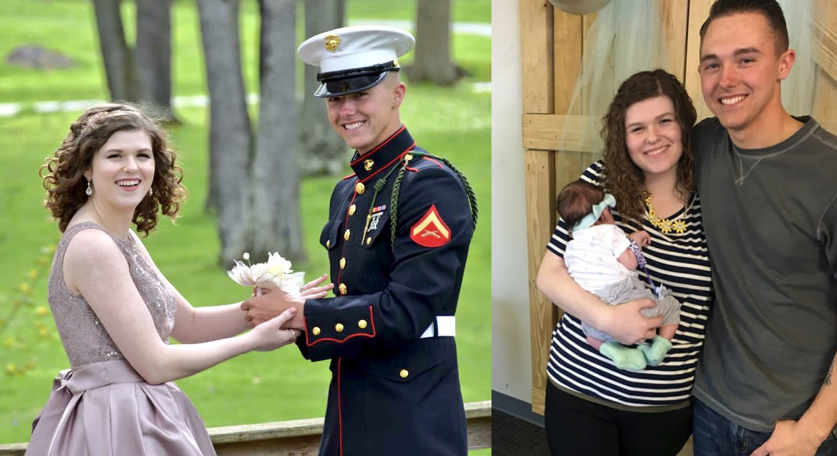 Adrienne and boyfriend Devyn going to prom (left), and introducing a baby girl 9 months later. (Photo: Twitter)