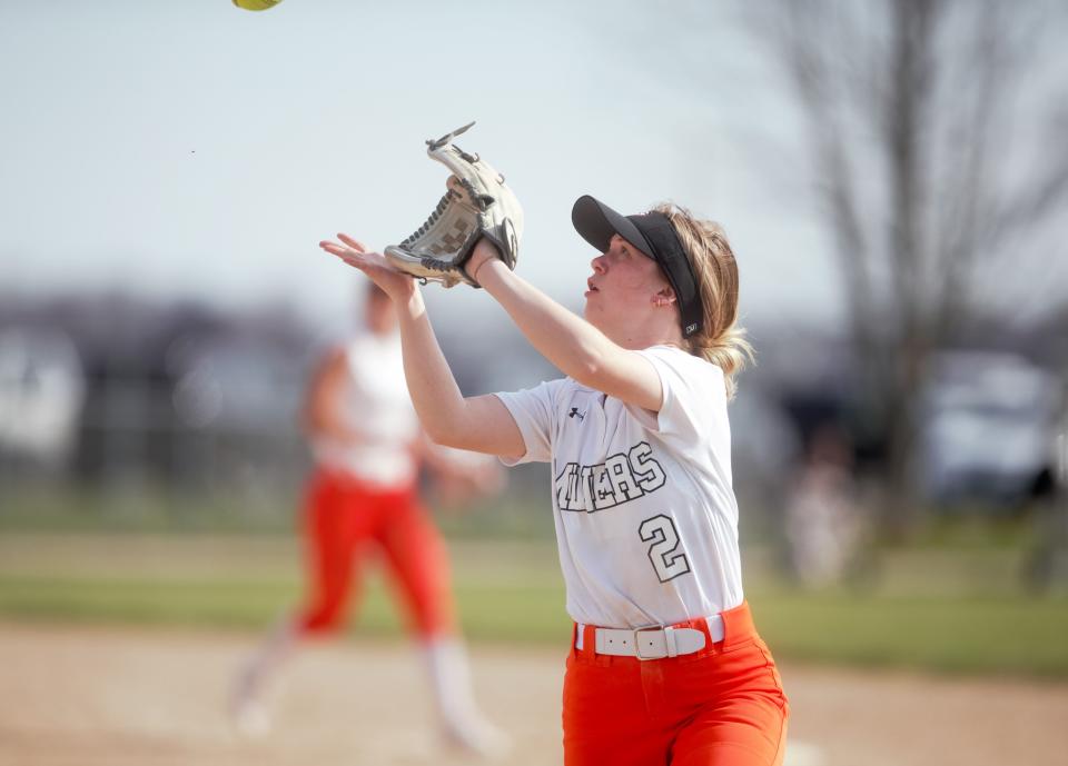 Gillespie's Lauren Bertagnolli catches a pop fly during a softball game against Stanford Olympia at University of Illinois Springfield on Saturday, March 30, 2024.