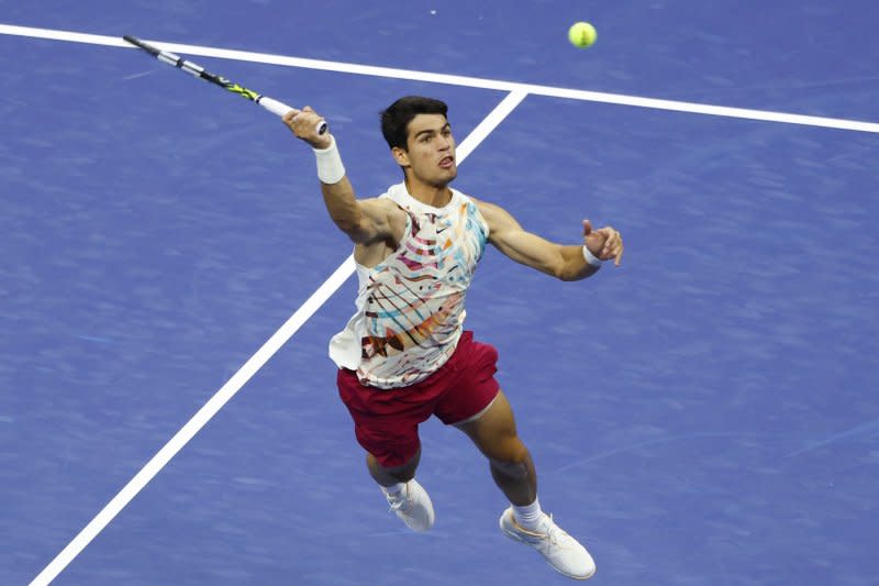 Carlos Alcaraz (pictured) of Spain beat Italian Matteo Arnaldi in straight sets in the fourth round of the U.S. Open on Monday in Flushing, N.Y. File Photo by John Angelillo/UPI