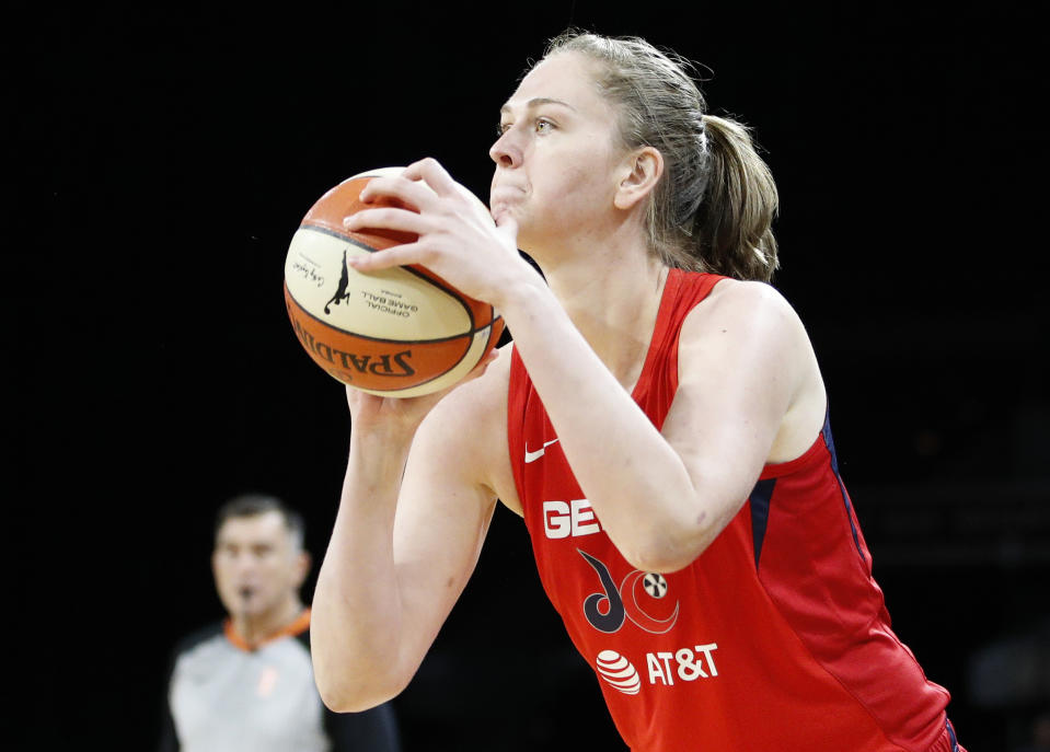 Washington Mystics' Emma Meesseman shoots against the Las Vegas Aces during the second half of Game 4 of a WNBA playoff basketball series Tuesday, Sept. 24, 2019, in Las Vegas. (AP Photo/John Locher)