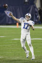 Indianapolis Colts quarterback Philip Rivers (17) throws downfield to a receiver in an NFL game against the Tennessee Titans, Thursday, Nov. 12, 2020 in Nashville, Tenn. The Colts defeated the Titans 34-17. (Margaret Bowles via AP)