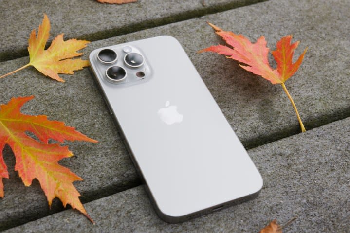 iPhone 15 Pro Max lying on the ground surrounded by leaves.