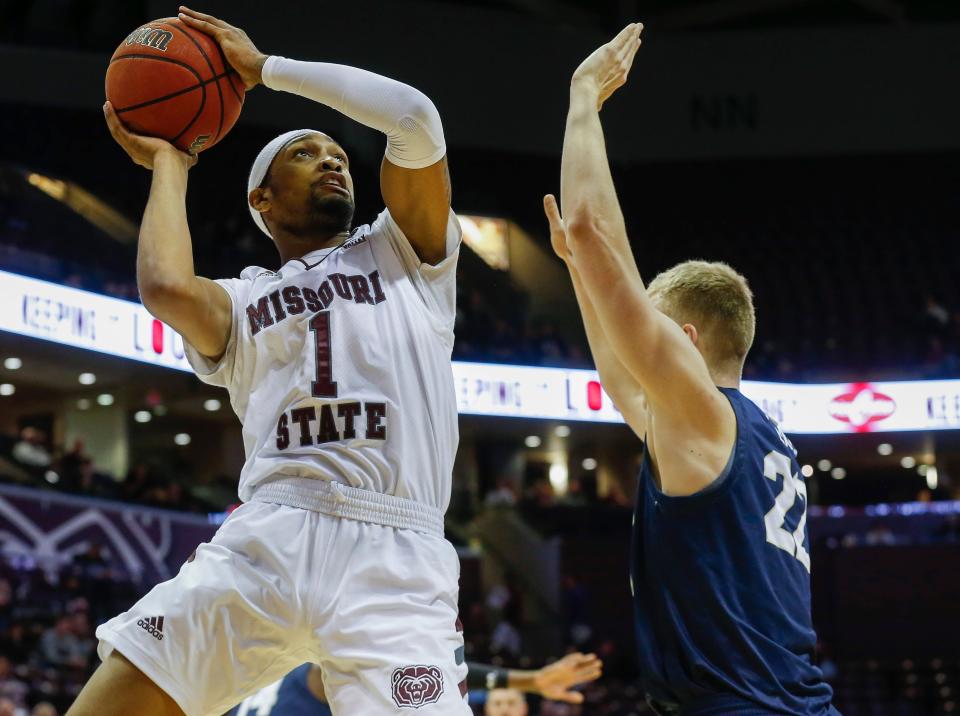 Isiaih Mosley, of Missouri State, puts up a shot during the Bears game against Oral Roberts on Saturday, Dec. 11, 2021.