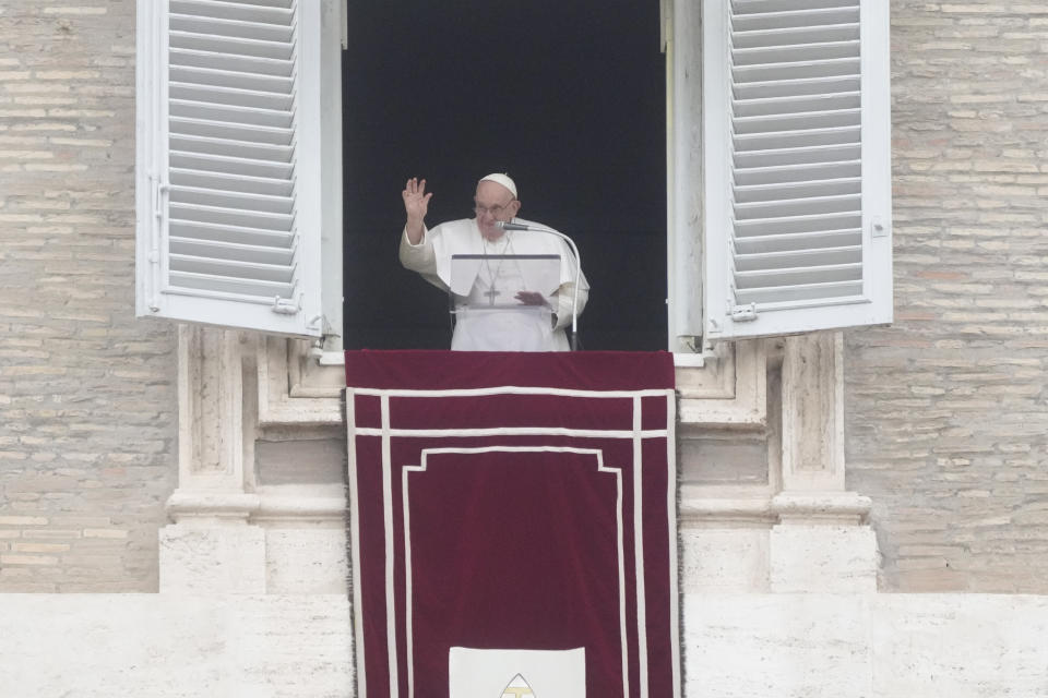 Pope Francis delivers the Angelus noon prayer in St. Peter's Square at the Vatican, Sunday, March 19, 2023. (AP Photo/Gregorio Borgia)