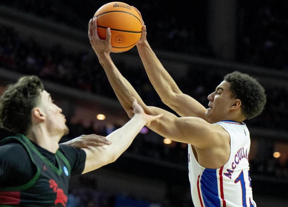 Kansas guard Kevin McCullar Jr. (15) grabs a rebound against Howard during a first-round college basketball game in the NCAA Tournament Thursday, March 16, 2023, in Des Moines, Iowa.