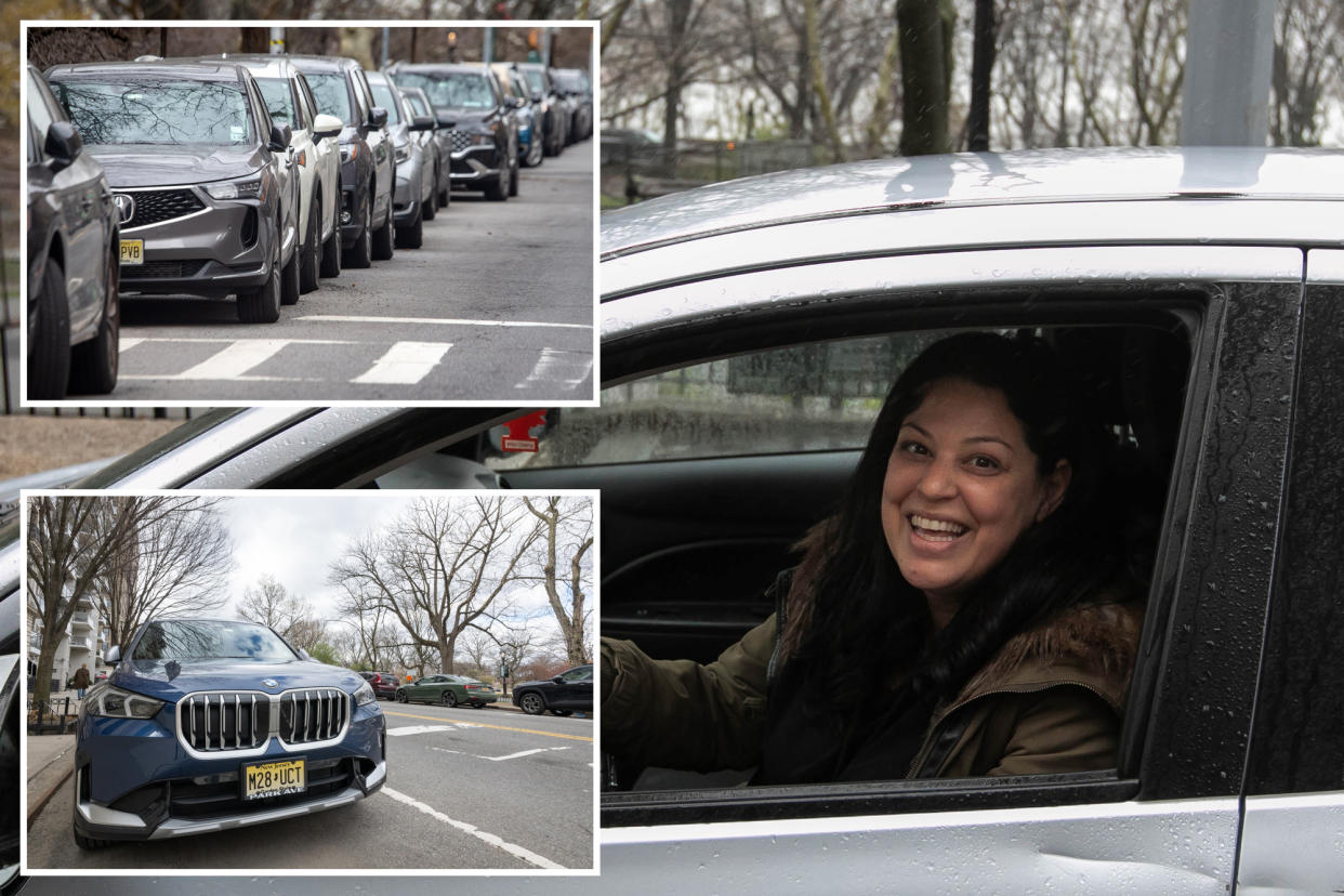 composite photo: upper left, line of cars parked on UWS; lower left a car with nj plate parked in manhattan; right: smiling driver sitting in her car