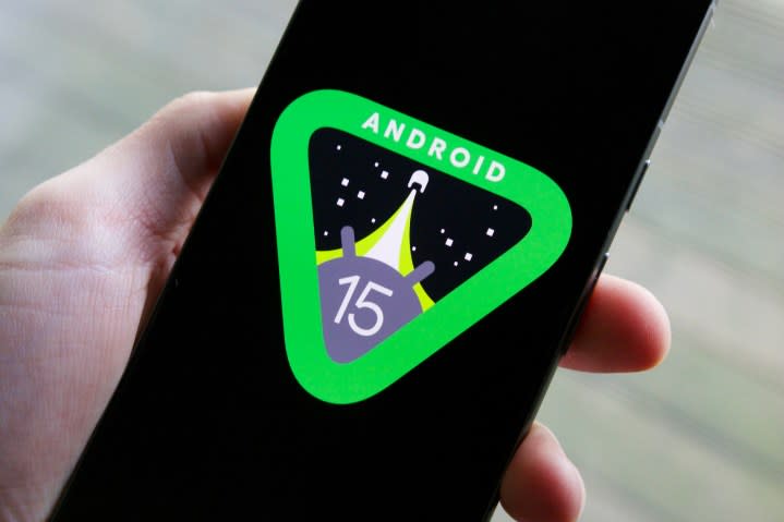 Android 15 logo on a Google Pixel 8.