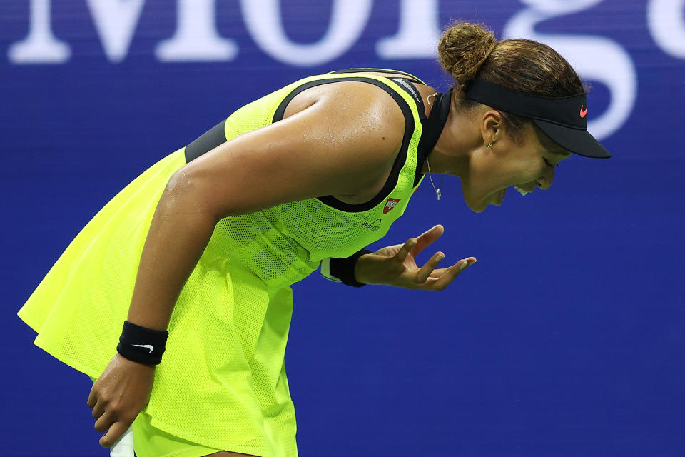 Naomi Osaka (pictured) reacts to a lost point during a tie break against Leylah Fernandez during her Women's Singles third round match on Day Five at USTA Billie Jean King National Tennis Center on September 03, 2021 in New York City.