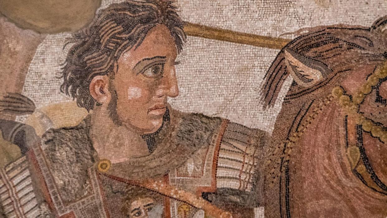 the alexander mosaic is a roman floor mosaic originally from the house of the faun in pompeii an alleged imitation of a philoxenus of eretria or apelles' painting that dates from circa 100 bc