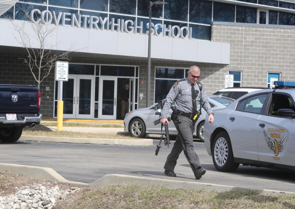 No injuries were reported after an apparent hoax caller told authorities that a man had just shot four students and barricaded himself inside Coventry High School on Tuesday in Coventry Township near Akron.
