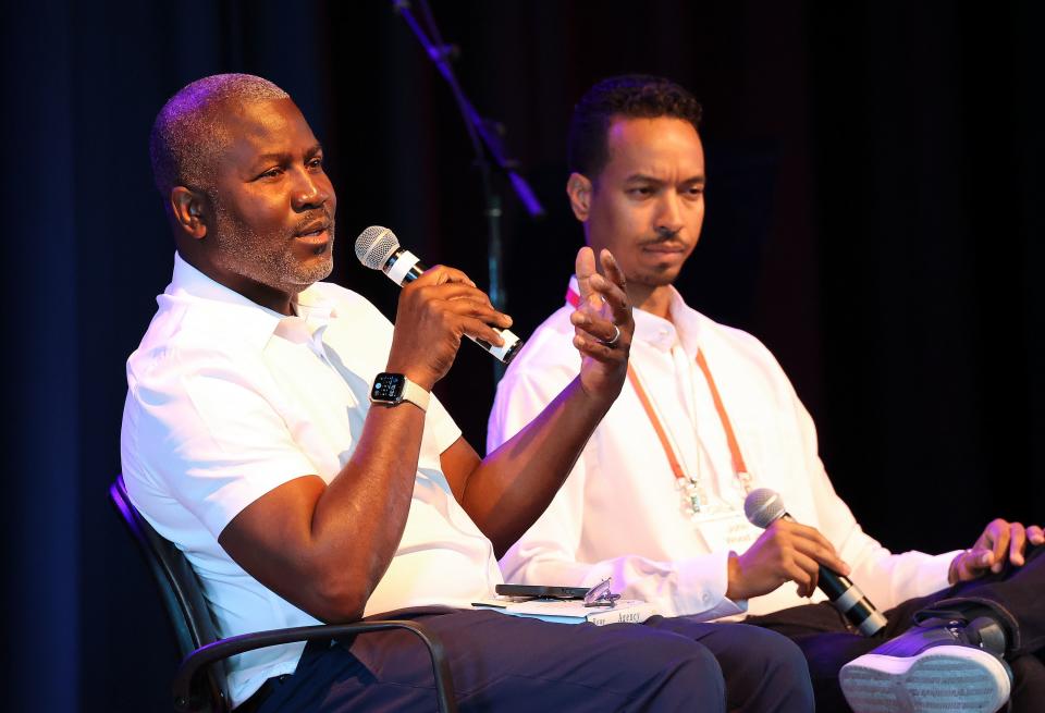 Ian Rowe, senior fellow at the American Enterprise Institute, speaks at the Braver Angels National Convention at Gettysburg College in Gettysburg, Pa., on Thursday, July 6, 2023. John Wood Jr., a Braver Angels national leader, is next to him. | Kristin Murphy, Deseret News