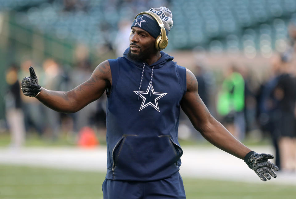 Dallas Cowboys wide receiver Dez Bryant (88) jokes with teammates before a game against the Oakland Raiders on Sunday, Dec. 17, 2017 at Oakland-Alameda County Coliseum in Oakland, Calif. (Rodger Mallison/Fort Worth Star-Telegram/Tribune News Service via Getty Images)