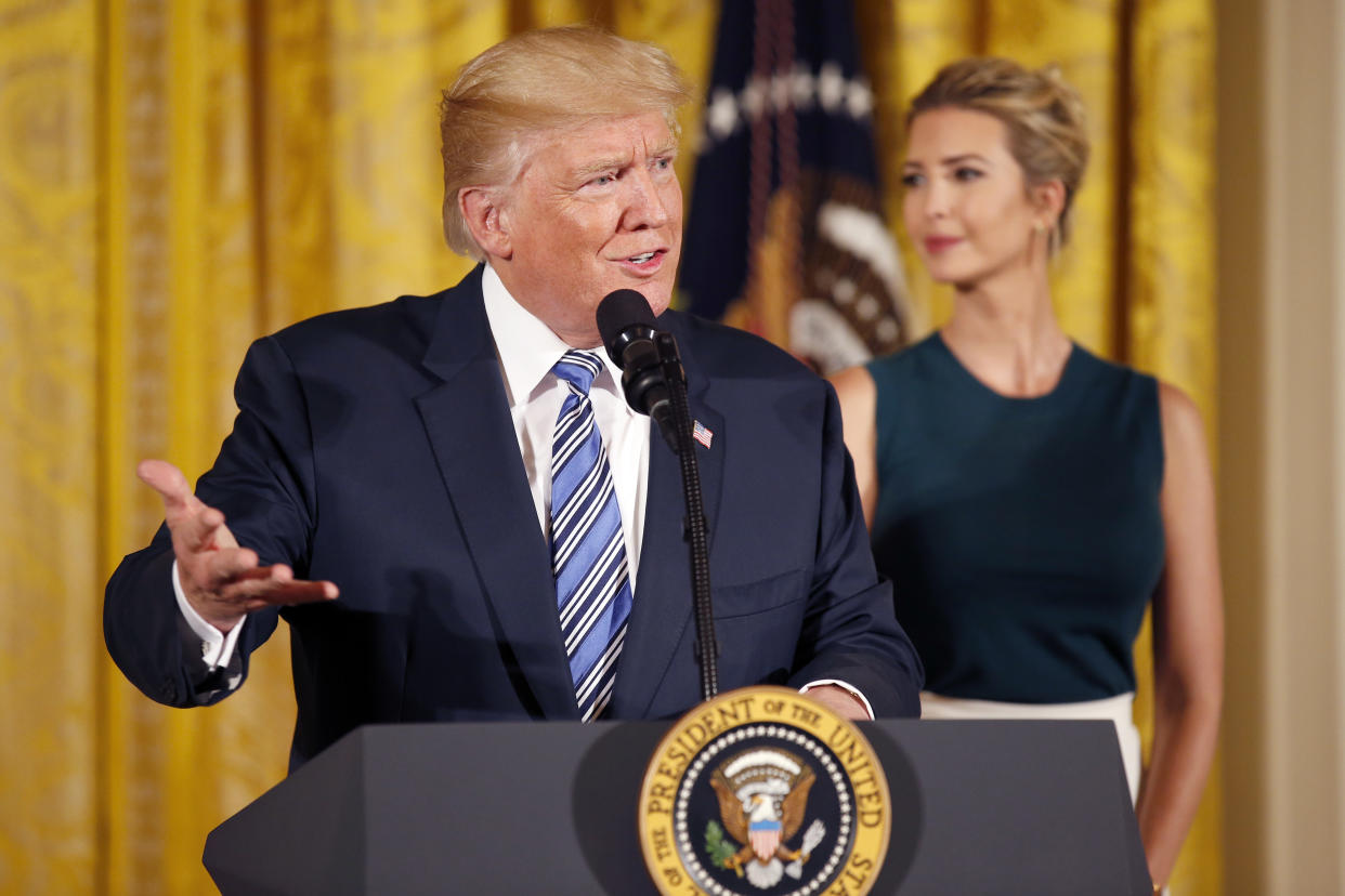 President Donald Trump, accompanied by his daughter Ivanka Trump, speaks in the East Room of the White House in Washington, Tuesday, Aug. 1, 2017, during an event with small business owners as part of 