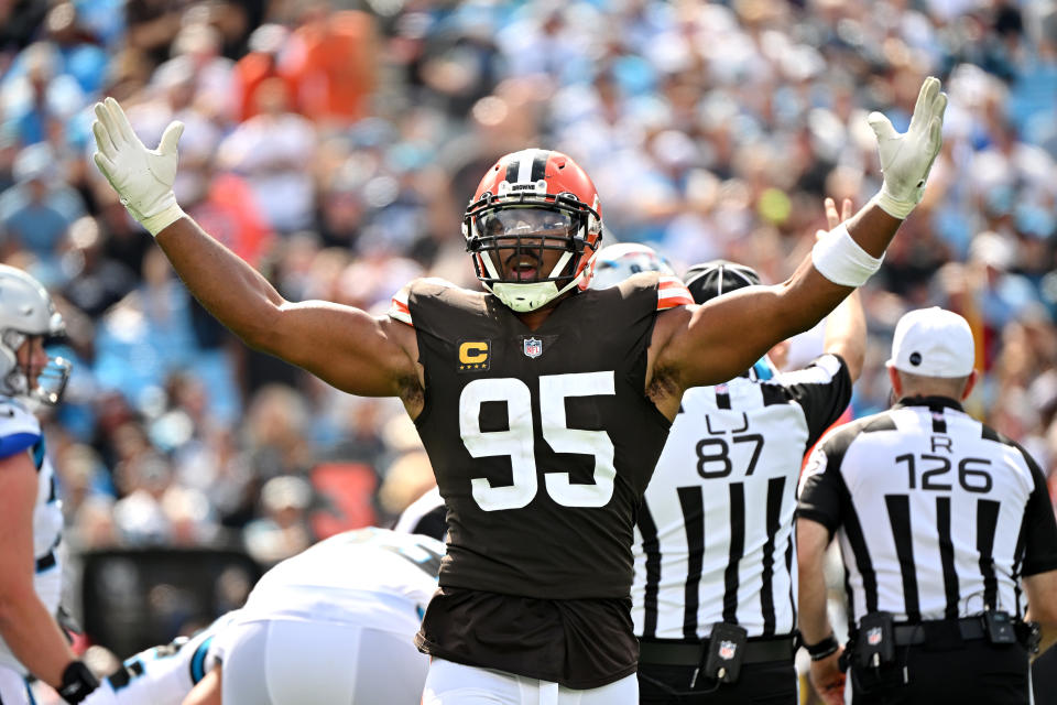 Myles Garrett #95 leads the Cleveland Browns potent fantasy defense